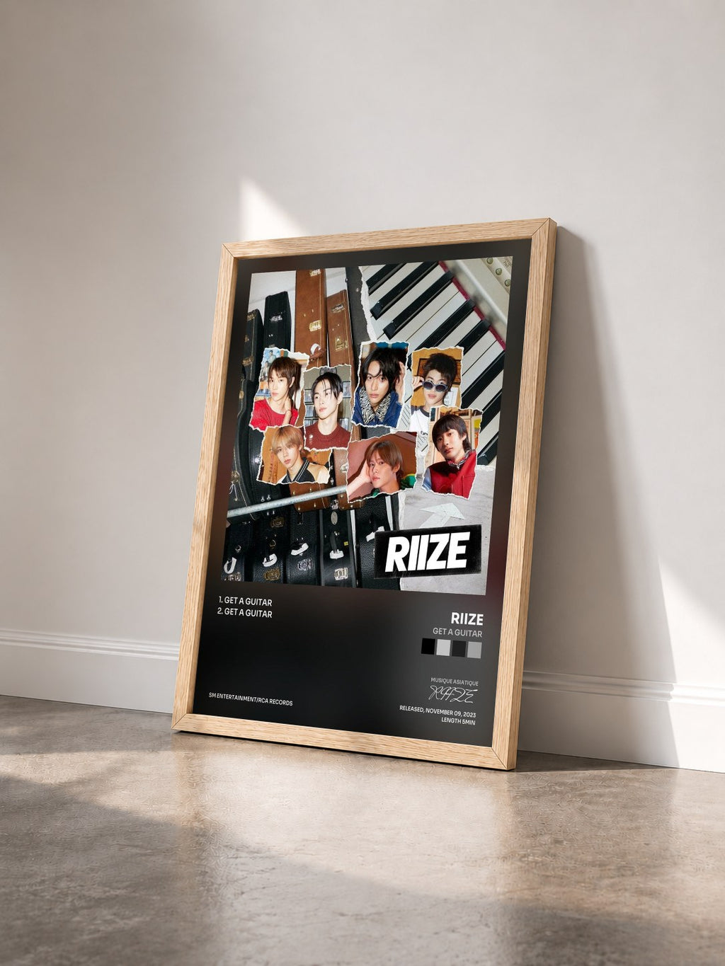 #bois Tableau de l'album Get A Guitar de RIIZE vu de trois quarts, cadre en bois brut