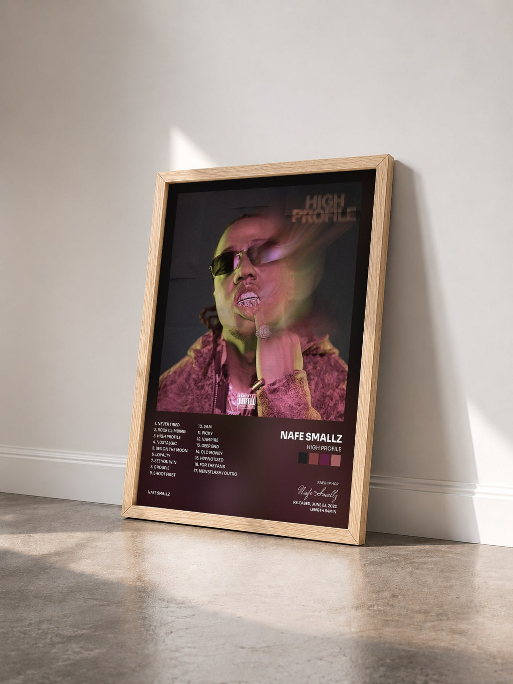 #bois Tableau de l'album High Profile de Nafe Smallz vu de trois quarts, cadre en bois brut