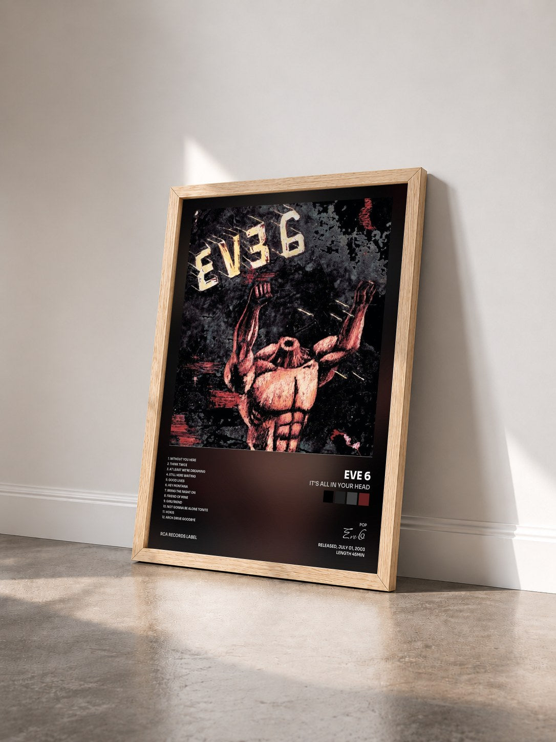 #bois Tableau de l'album It's All In Your Head de Eve 6 vu de trois quarts, cadre en bois brut