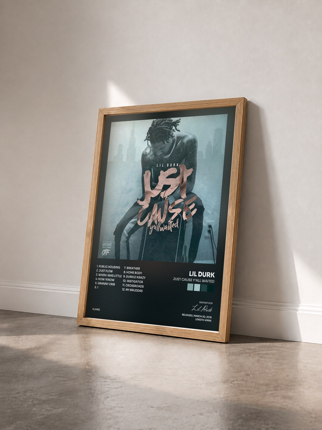#bois Tableau de l'album Just Cause Y'all Waited de Lil Durk vu de trois quarts, cadre en bois brut