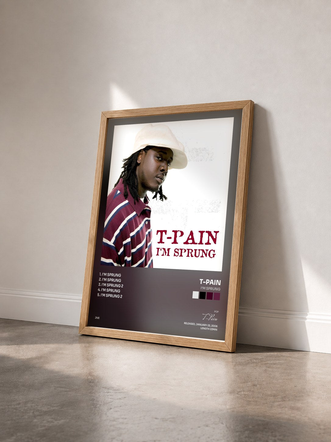 #bois Tableau de l'album I'm Sprung de T-Pain vu de trois quarts, cadre en bois brut
