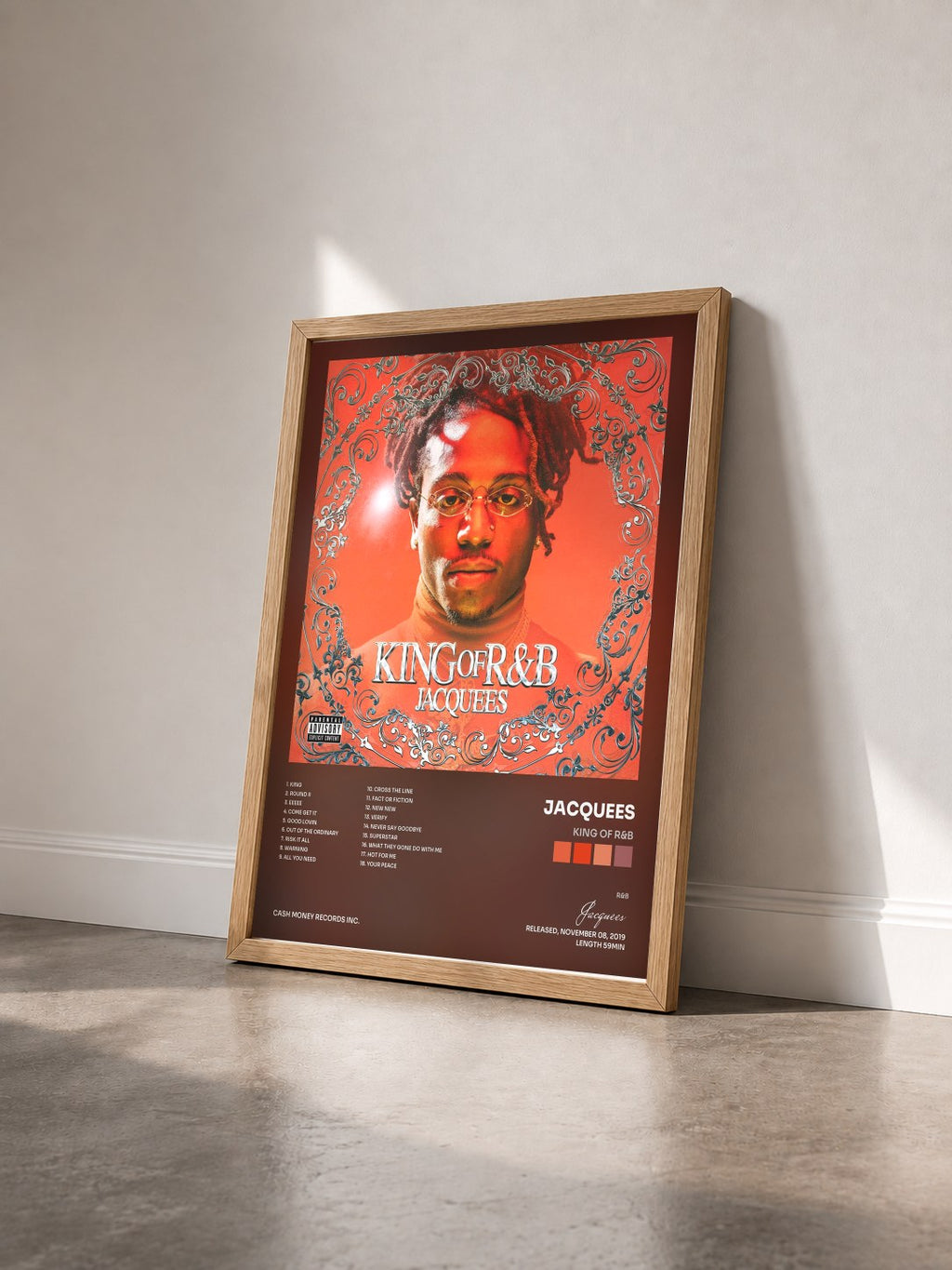 #bois Tableau de l'album King of R&B de Jacquees vu de trois quarts, cadre en bois brut