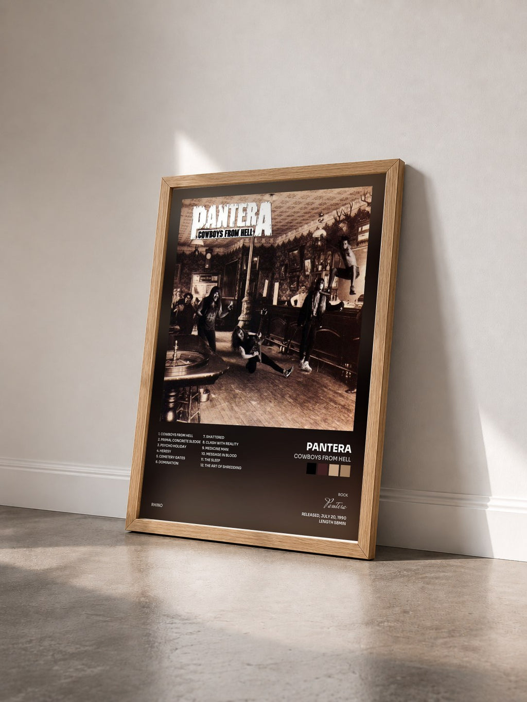 #bois Tableau de l'album Cowboys from Hell de Pantera vu de trois quarts, cadre en bois brut