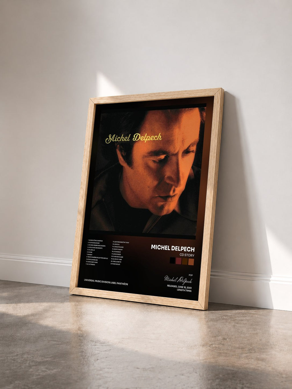 #bois Tableau de l'album CD Story de Michel Delpech vu de trois quarts, cadre en bois brut
