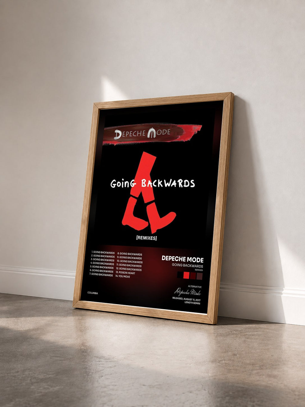 #bois Tableau de l'album Going Backwards (Remixes) de Depeche Mode vu de trois quarts, cadre en bois brut