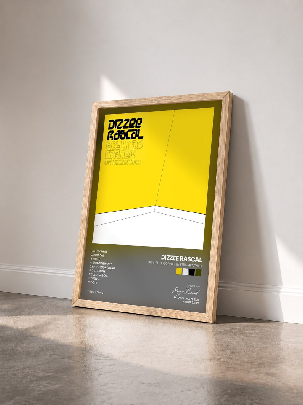 #bois Tableau de l'album Boy In Da Corner Instrumentals de Dizzee Rascal vu de trois quarts, cadre en bois brut