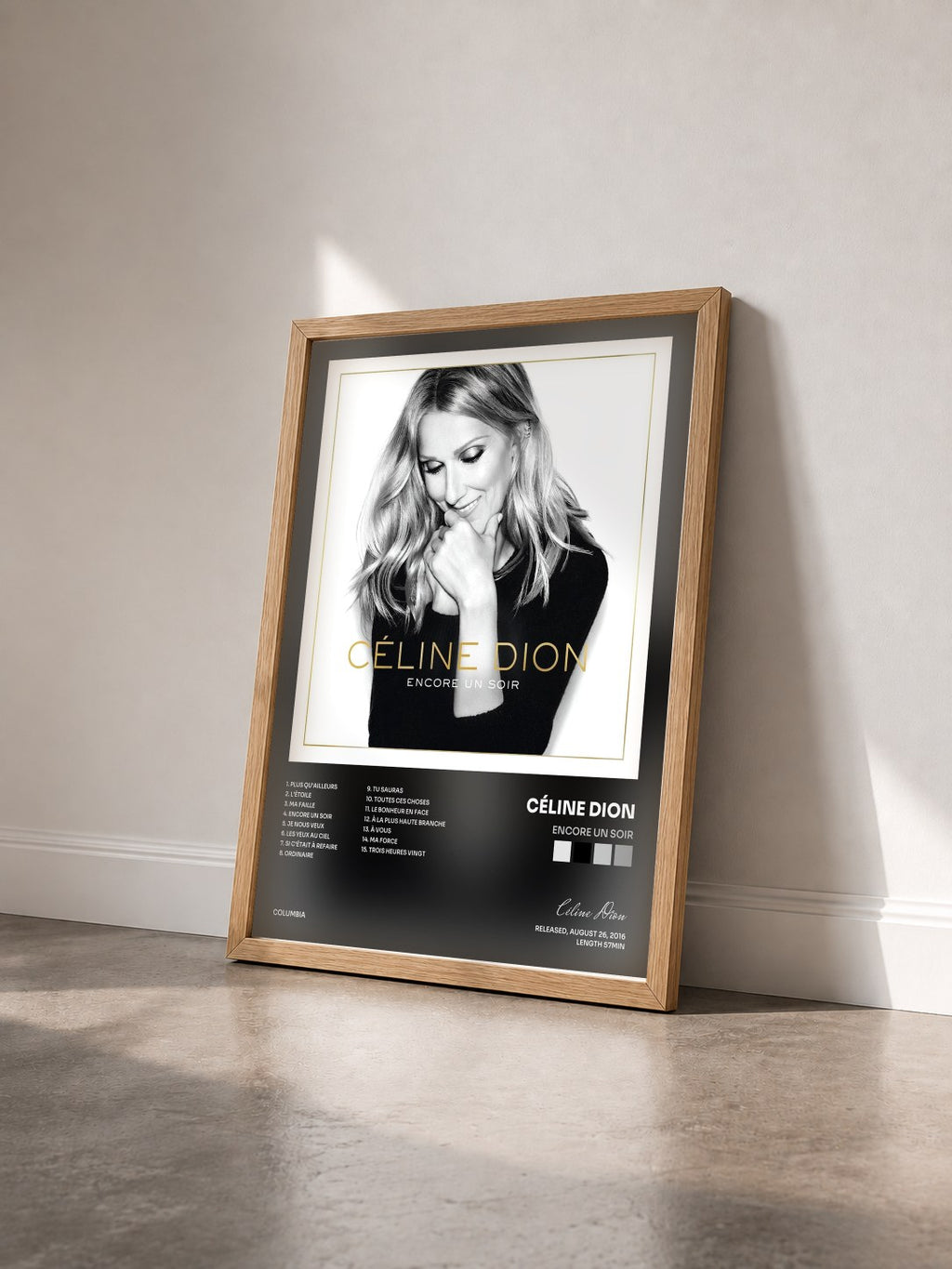 #bois Tableau de l'album Encore un soir de Céline Dion vu de trois quarts, cadre en bois brut