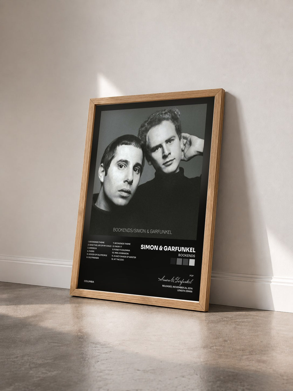 #bois Tableau de l'album Bookends de Simon & Garfunkel vu de trois quarts, cadre en bois brut