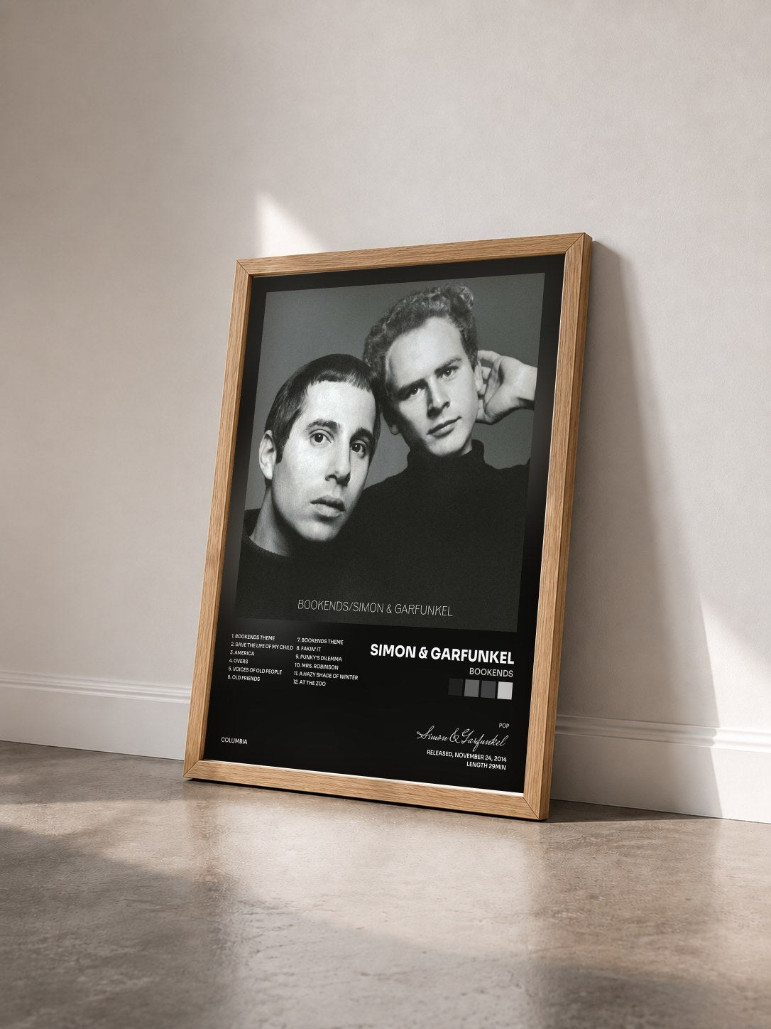 #bois Tableau de l'album Bookends de Simon & Garfunkel vu de trois quarts, cadre en bois brut