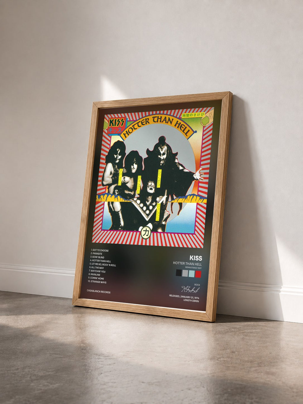 #bois Tableau de l'album Hotter Than Hell (Remastered 1997) de KISS vu de trois quarts, cadre en bois brut
