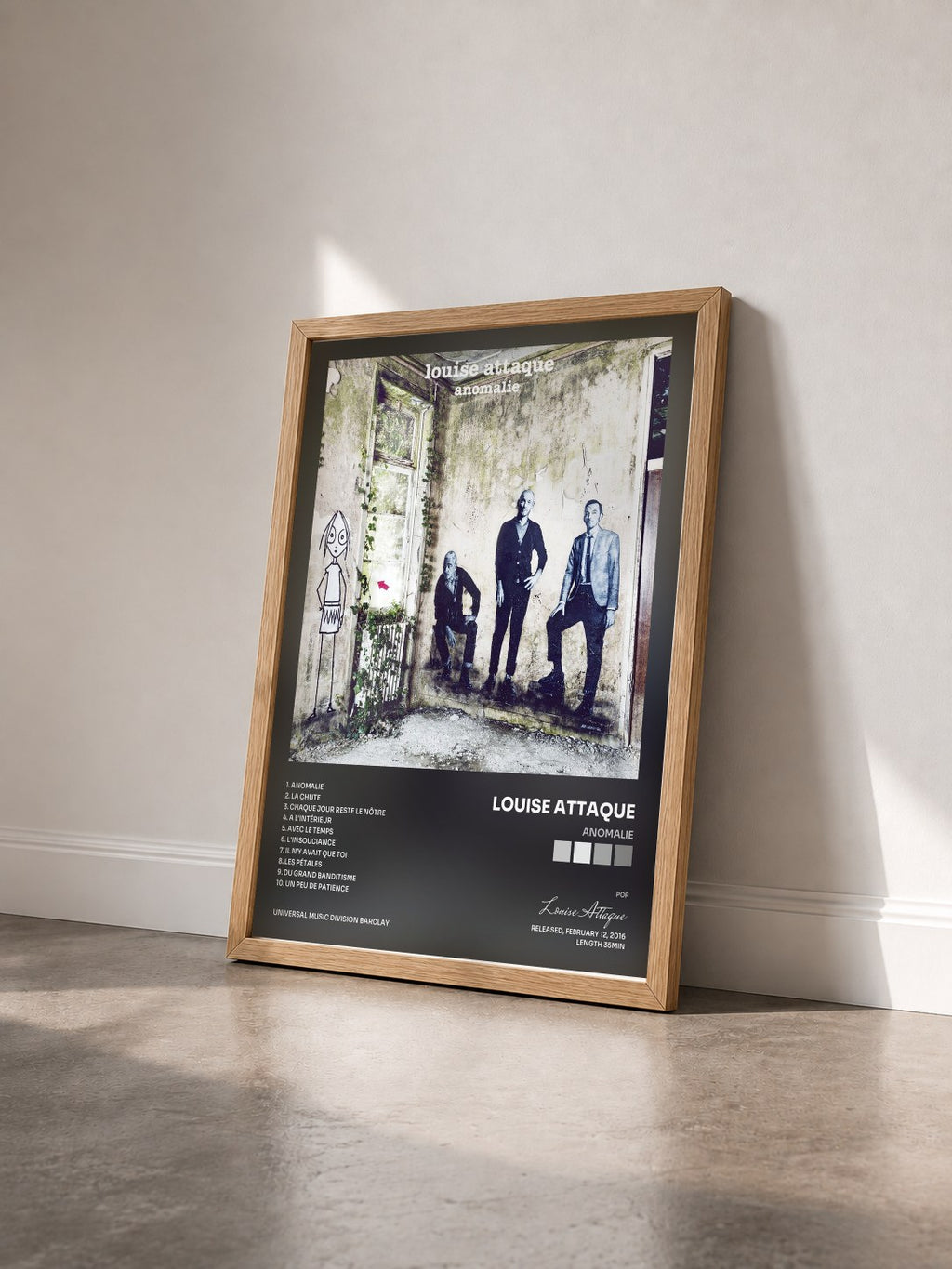 #bois Tableau de l'album Anomalie de Louise Attaque vu de trois quarts, cadre en bois brut