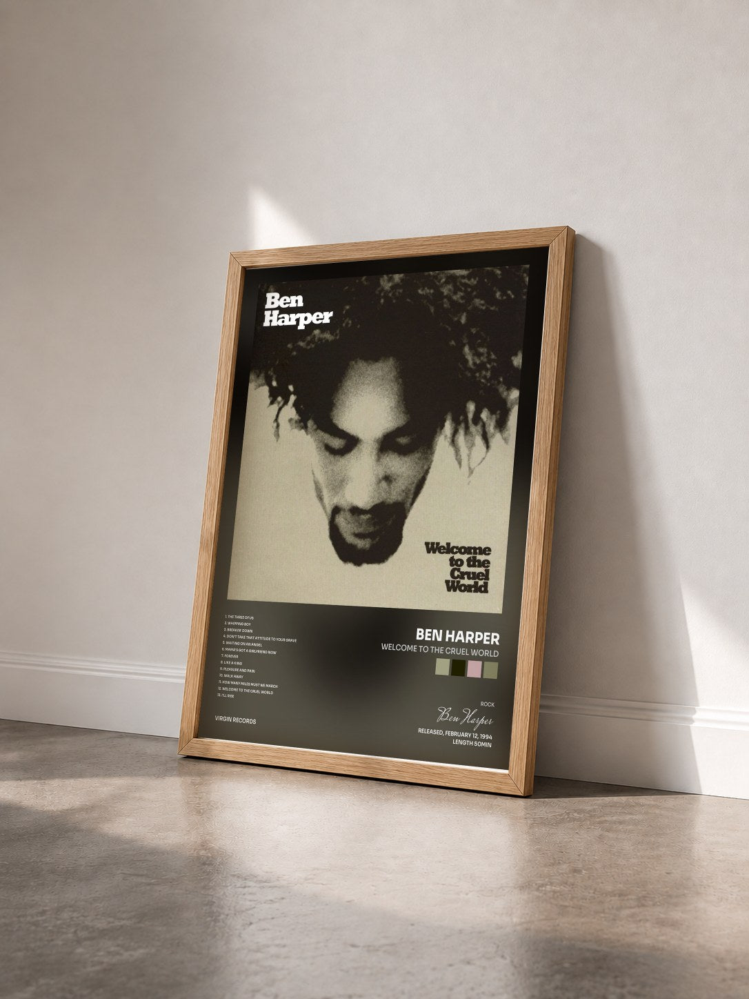 #bois Tableau de l'album Welcome To The Cruel World de Ben Harper vu de trois quarts, cadre en bois brut