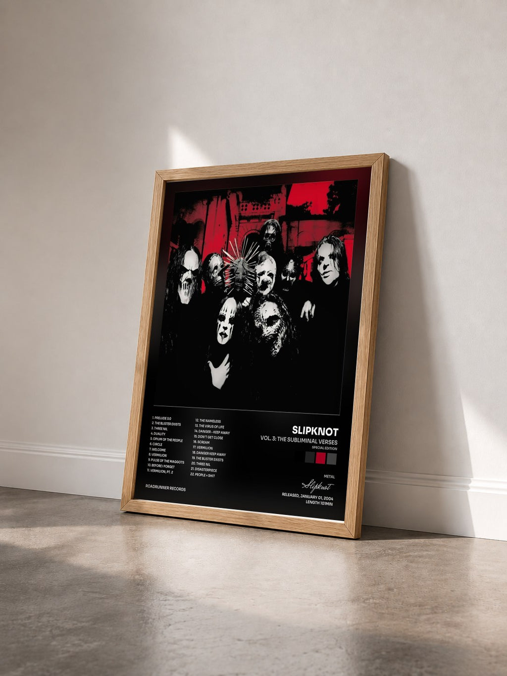 #bois Tableau de l'album Vol. 3: The Subliminal Verses (Special Edition) de Slipknot vu de trois quarts, cadre en bois brut