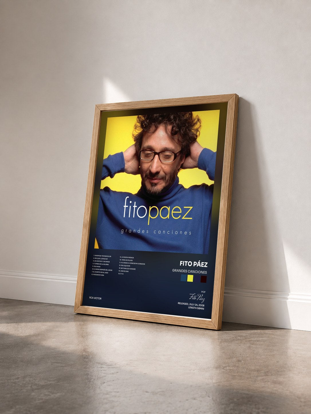 #bois Tableau de l'album Grandes Canciones de Fito Páez vu de trois quarts, cadre en bois brut