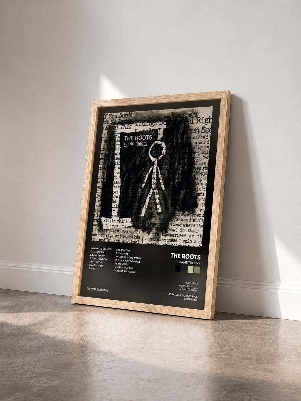 #bois Tableau de l'album Game Theory de The Roots vu de trois quarts, cadre en bois brut