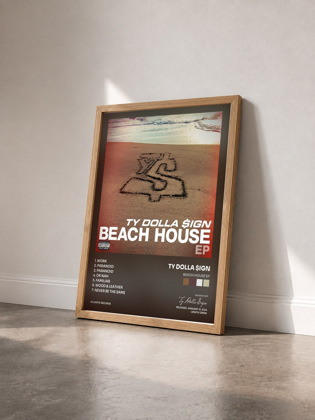 #bois Tableau de l'album Beach House EP de Ty Dolla $ign vu de trois quarts, cadre en bois brut