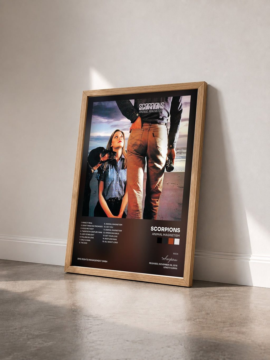 #bois Tableau de l'album Animal Magnetism de Scorpions vu de trois quarts, cadre en bois brut