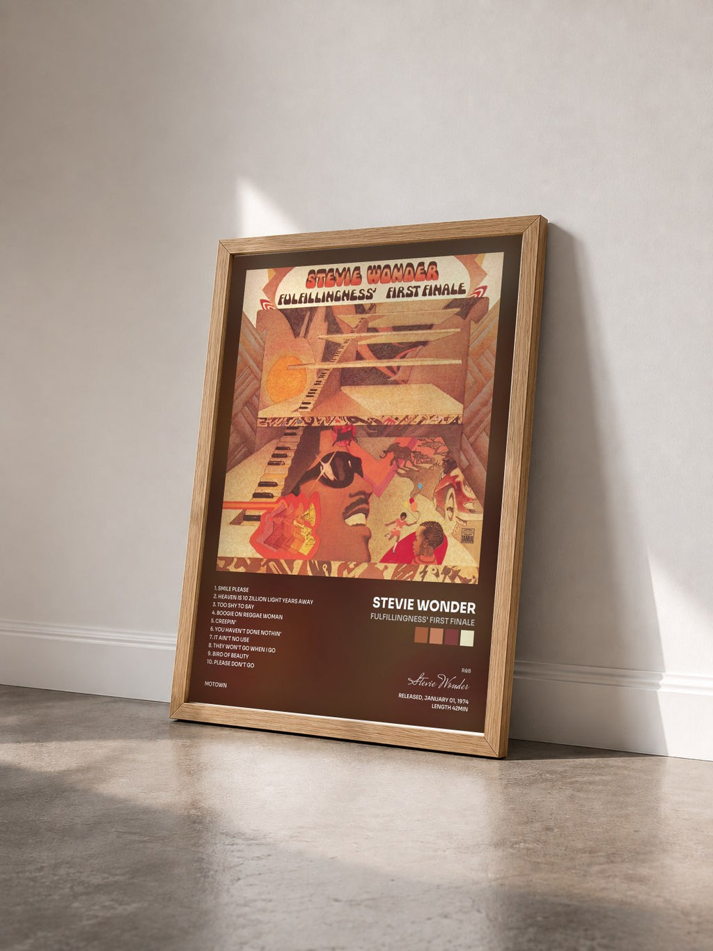 #bois Tableau de l'album Fulfillingness' First Finale de Stevie Wonder vu de trois quarts, cadre en bois brut