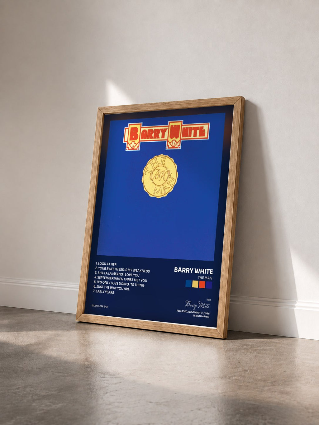 #bois Tableau de l'album The Man de Barry White vu de trois quarts, cadre en bois brut