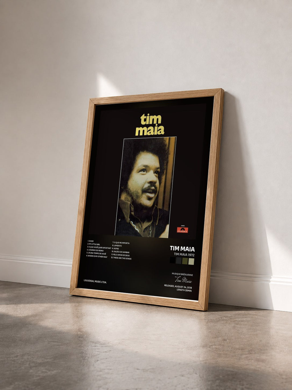 #bois Tableau de l'album Tim Maia 1972 de Tim Maia vu de trois quarts, cadre en bois brut