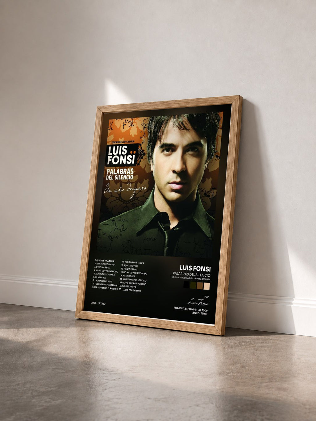 #bois Tableau de l'album Palabras Del Silencio (Edición Aniversario - Un Año Despues) de Luis Fonsi vu de trois quarts, cadre en bois brut