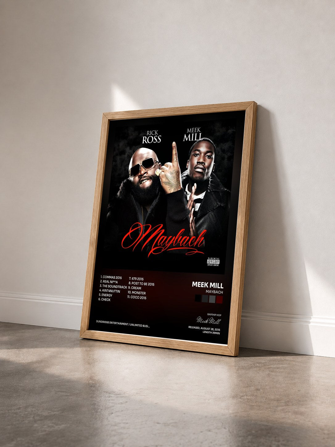 #bois Tableau de l'album Maybach de Meek Mill vu de trois quarts, cadre en bois brut