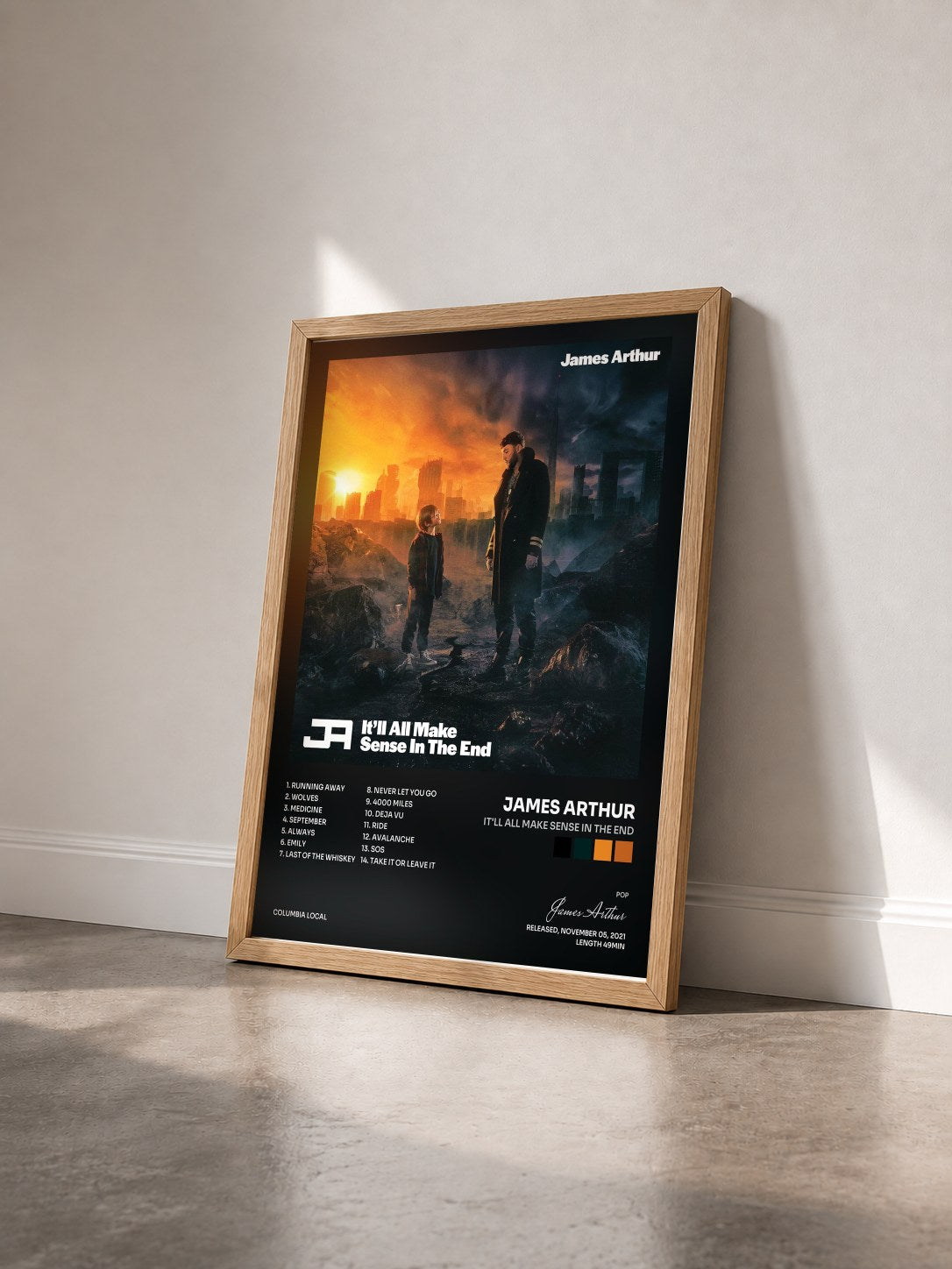 #bois Tableau de l'album It'll All Make Sense In The End de James Arthur vu de trois quarts, cadre en bois brut