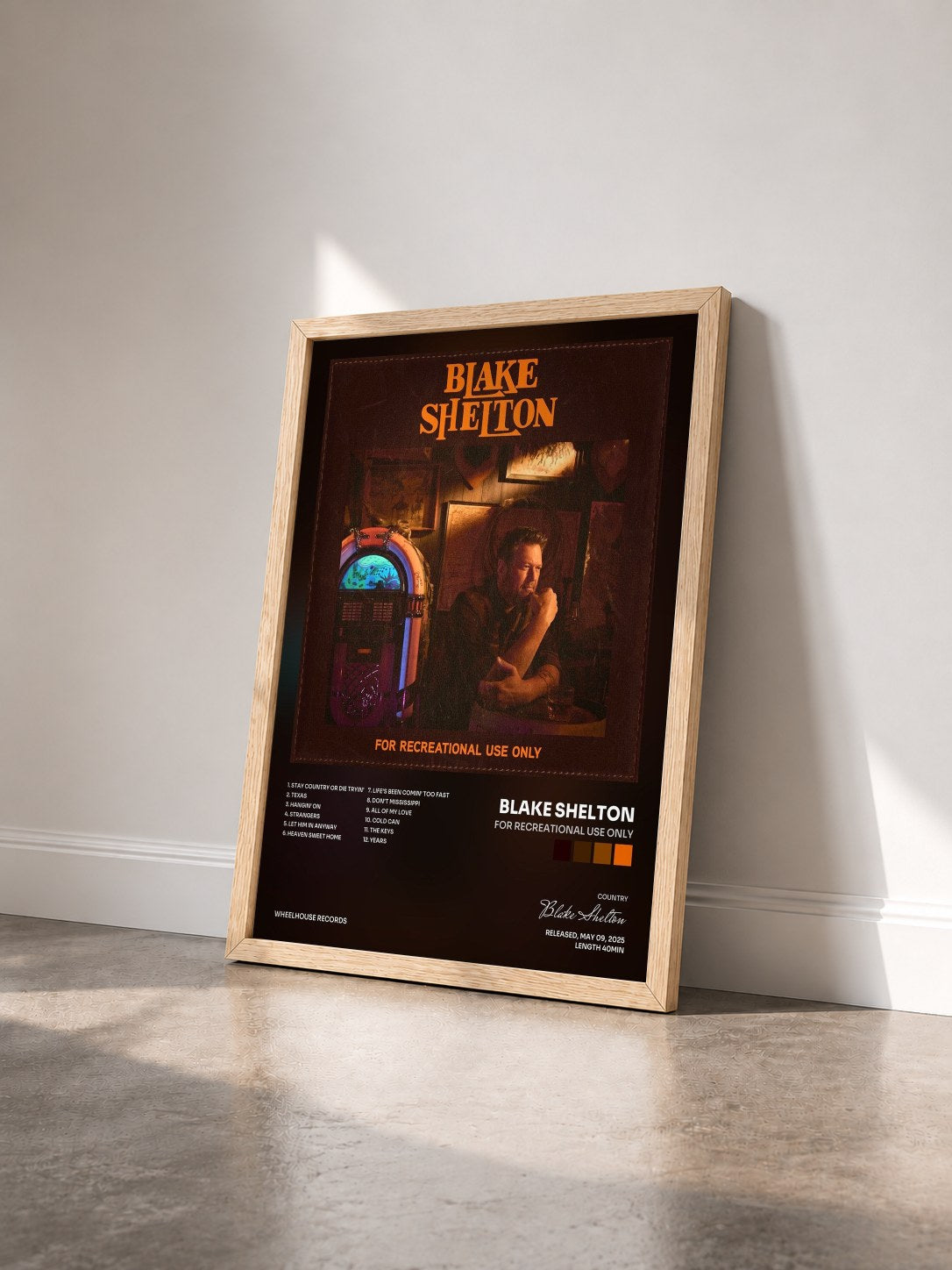 #bois Tableau de l'album For Recreational Use Only de Blake Shelton vu de trois quarts, cadre en bois brut