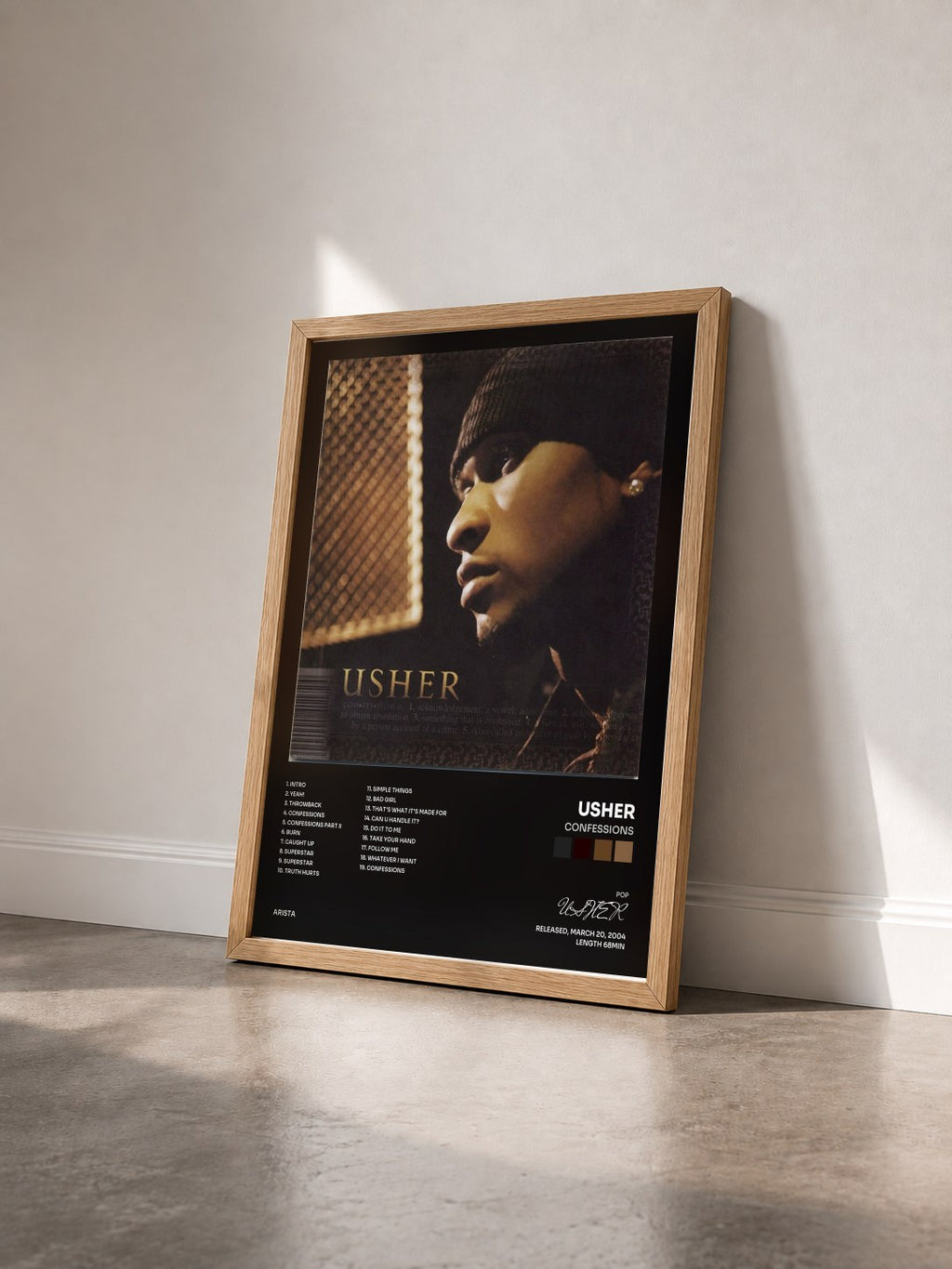 #bois Tableau de l'album Confessions de USHER vu de trois quarts, cadre en bois brut
