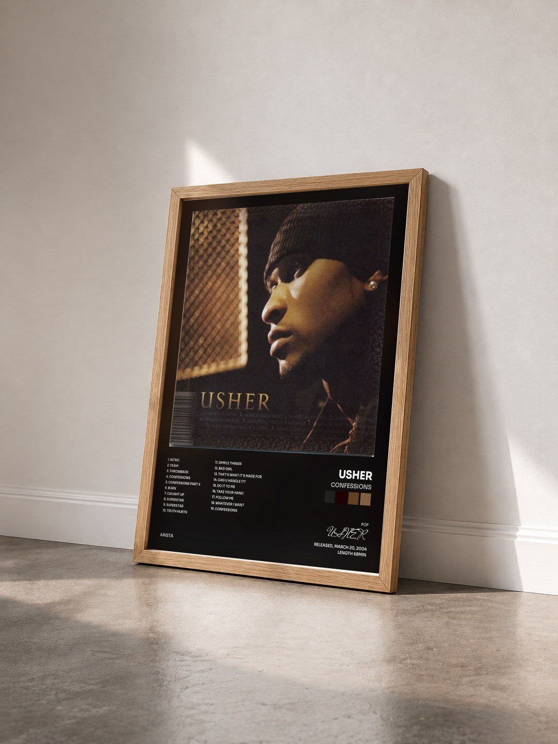 #bois Tableau de l'album Confessions de USHER vu de trois quarts, cadre en bois brut