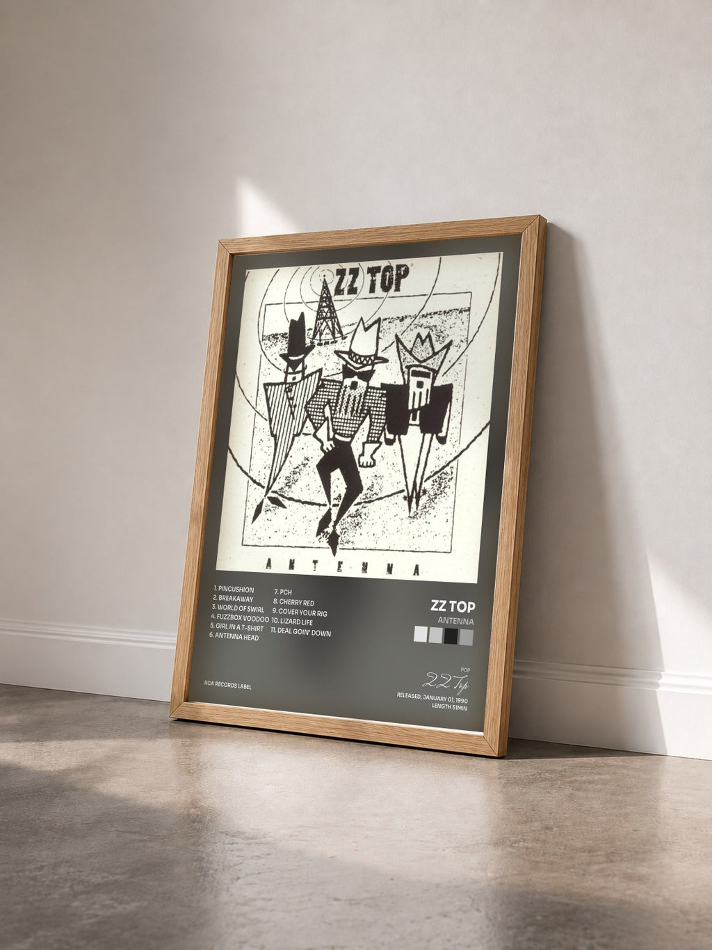 #bois Tableau de l'album Antenna de ZZ Top vu de trois quarts, cadre en bois brut