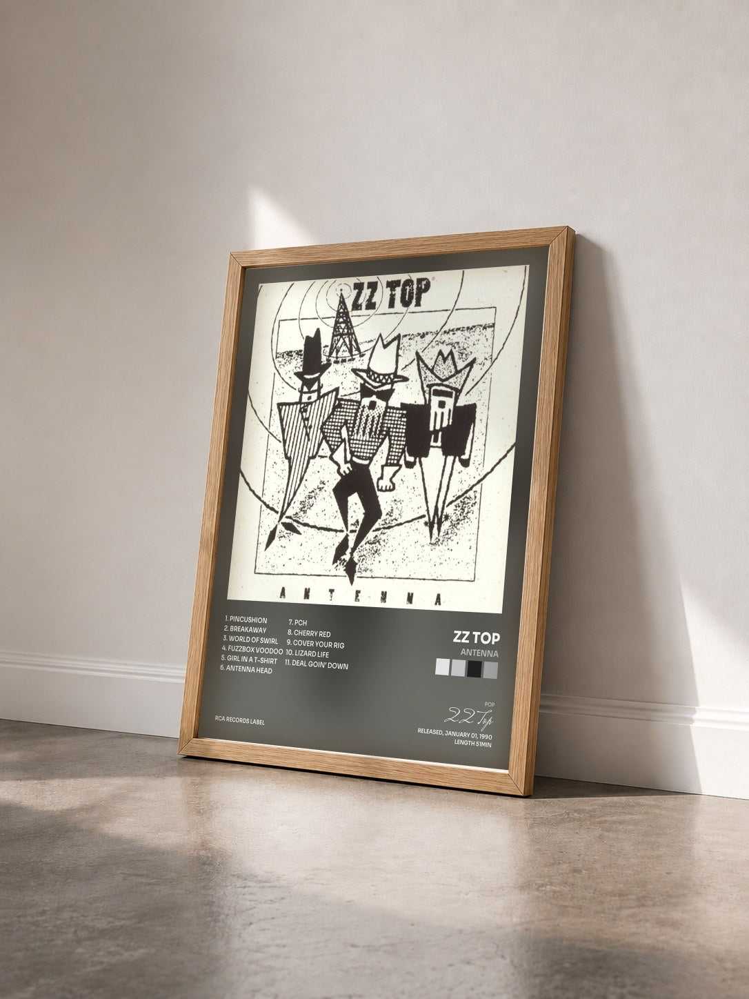 #bois Tableau de l'album Antenna de ZZ Top vu de trois quarts, cadre en bois brut