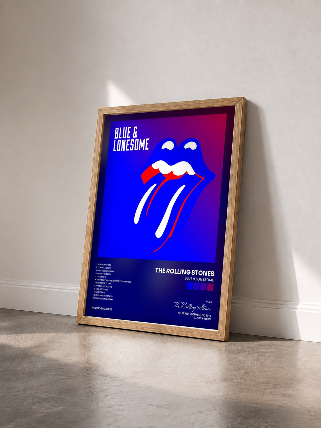 #bois Tableau de l'album Blue & Lonesome de The Rolling Stones vu de trois quarts, cadre en bois brut