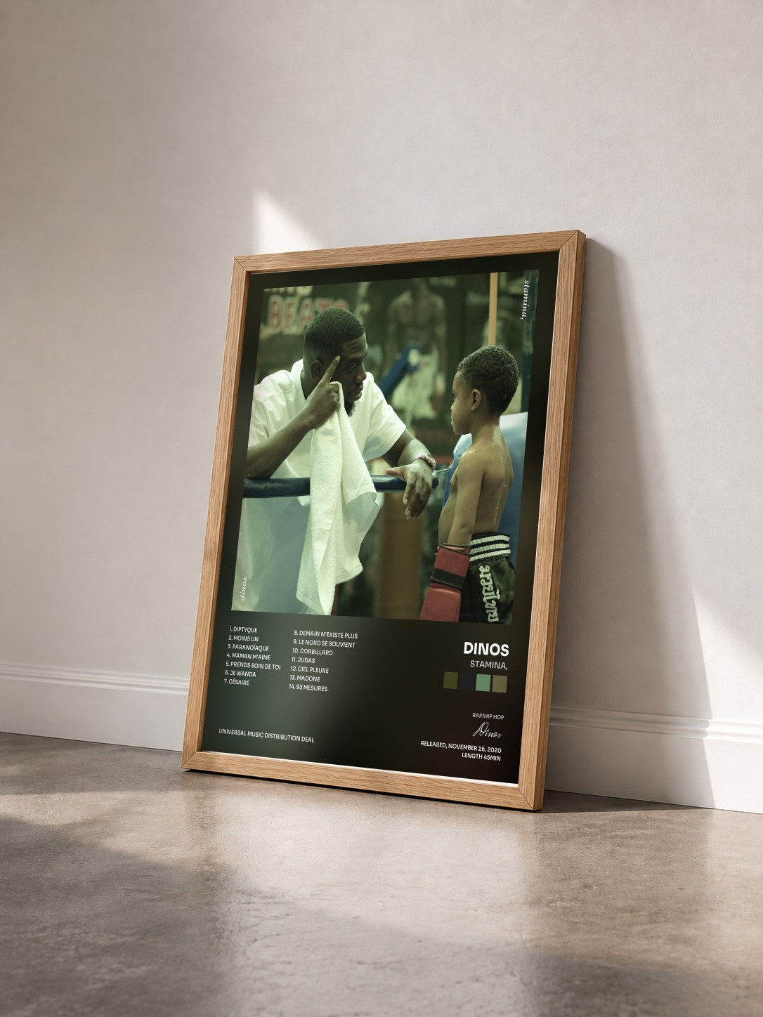 #bois Tableau de l'album Stamina, de Dinos vu de trois quarts, cadre en bois brut