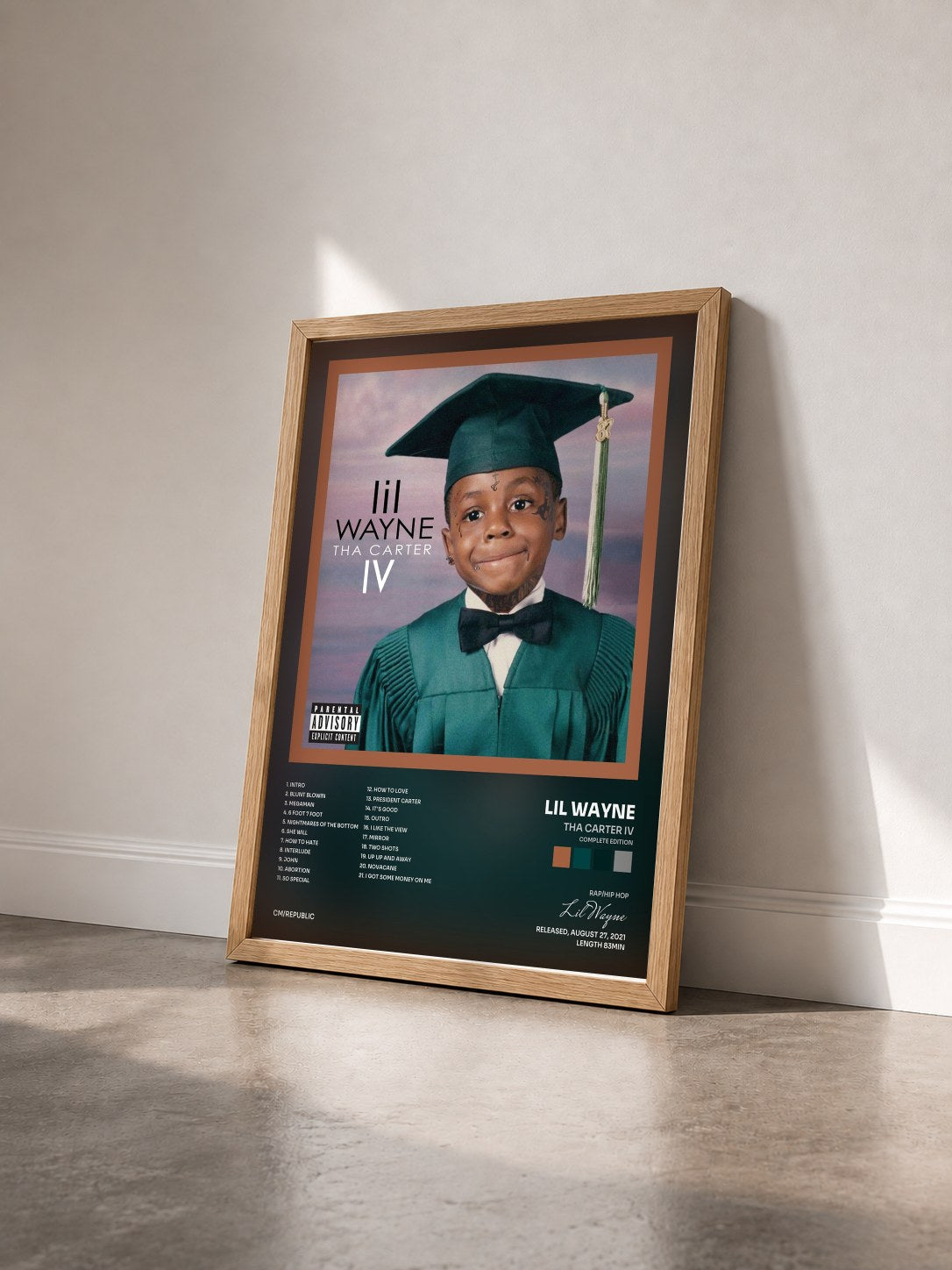 #bois Tableau de l'album Tha Carter IV (Complete Edition) de Lil Wayne vu de trois quarts, cadre en bois brut