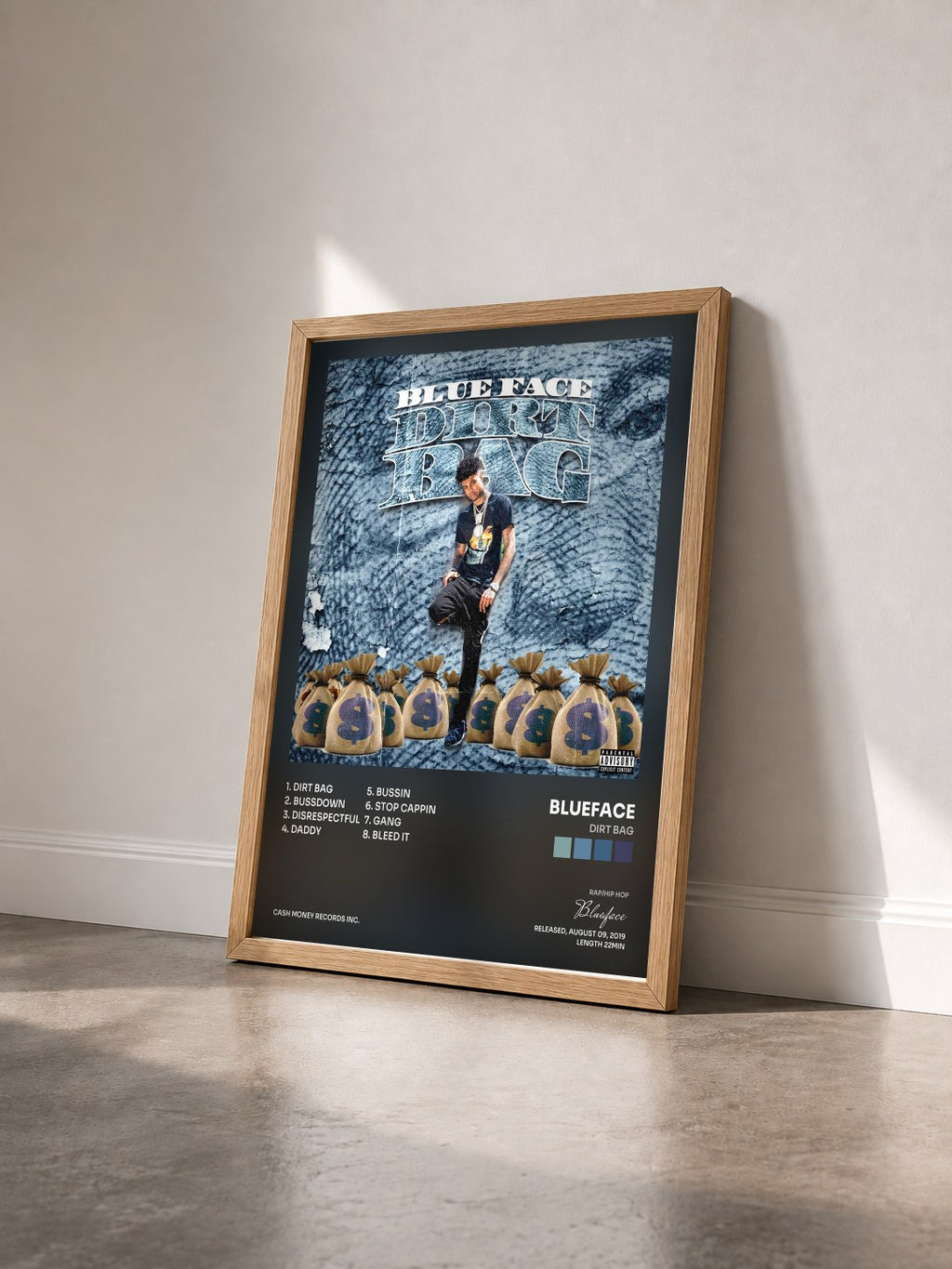 #bois Tableau de l'album Dirt Bag de Blueface vu de trois quarts, cadre en bois brut