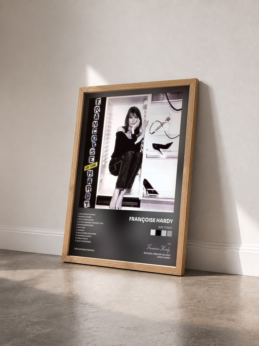 #bois Tableau de l'album Gin Tonic de Françoise Hardy vu de trois quarts, cadre en bois brut