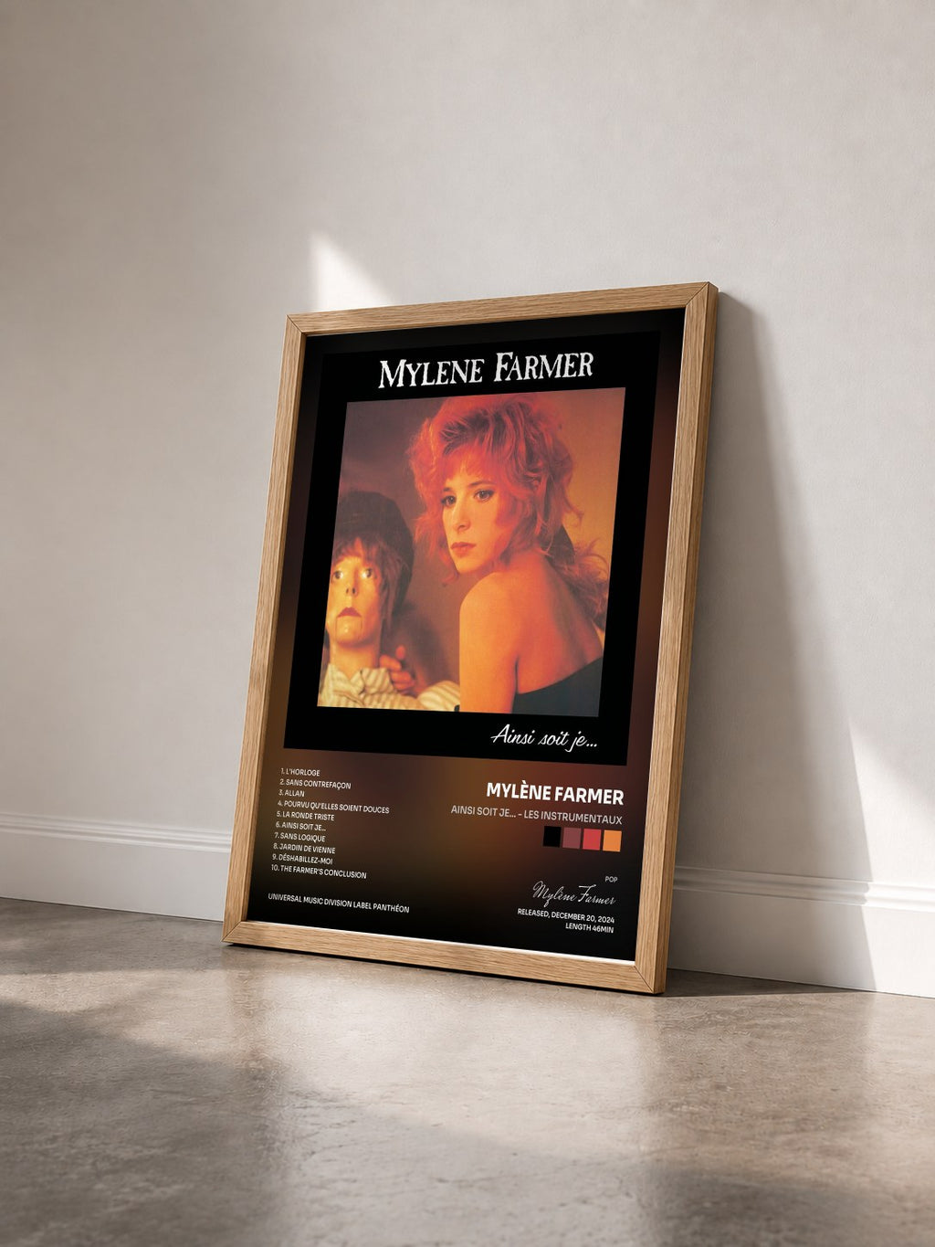 #bois Tableau de l'album Ainsi soit je... - Les instrumentaux de Mylène Farmer vu de trois quarts, cadre en bois brut