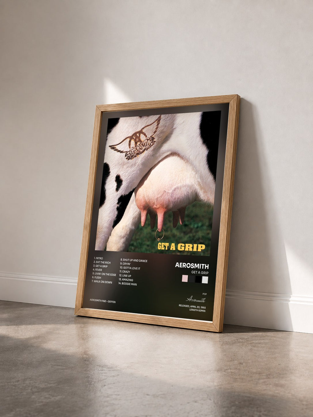 #bois Tableau de l'album Get A Grip de Aerosmith vu de trois quarts, cadre en bois brut
