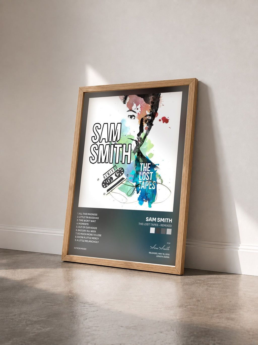 #bois Tableau de l'album The Lost Tapes - Remixed de Sam Smith vu de trois quarts, cadre en bois brut