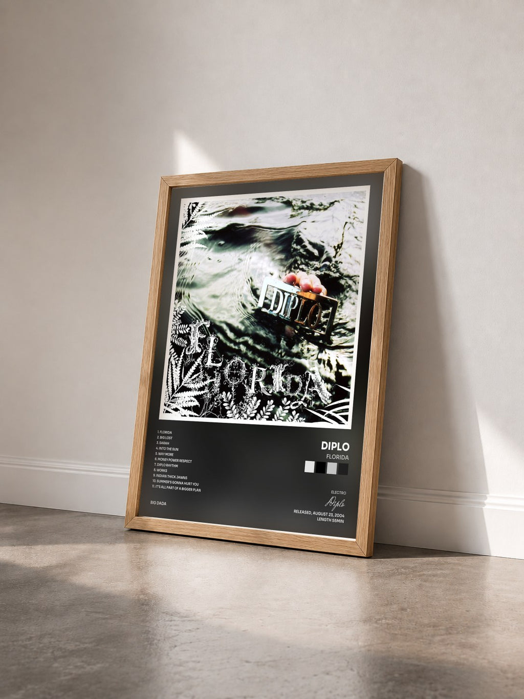 #bois Tableau de l'album Florida de Diplo vu de trois quarts, cadre en bois brut