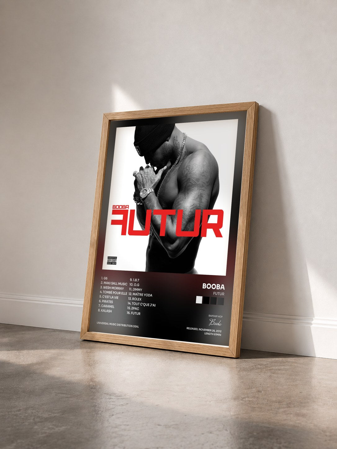 #bois Tableau de l'album Futur de Booba vu de trois quarts, cadre en bois brut