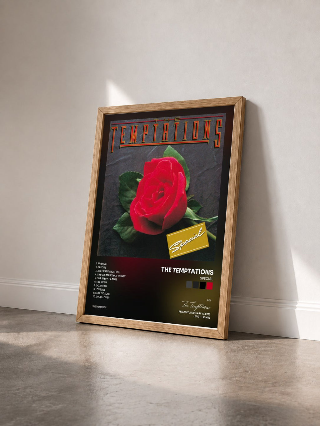 #bois Tableau de l'album Special de The Temptations vu de trois quarts, cadre en bois brut