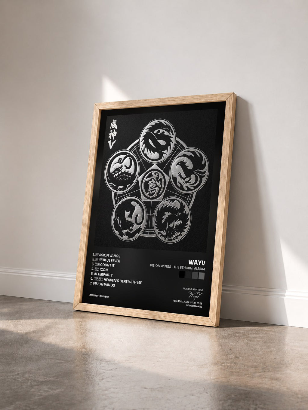 #bois Tableau de l'album Vision Wings - The 8th Mini Album de WayV vu de trois quarts, cadre en bois brut