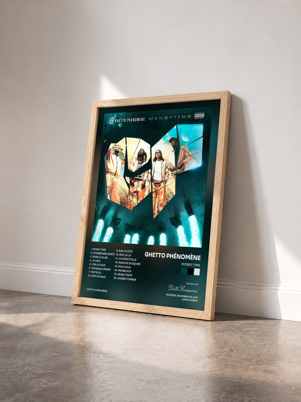#bois Tableau de l'album Money Time de Ghetto Phénomène vu de trois quarts, cadre en bois brut