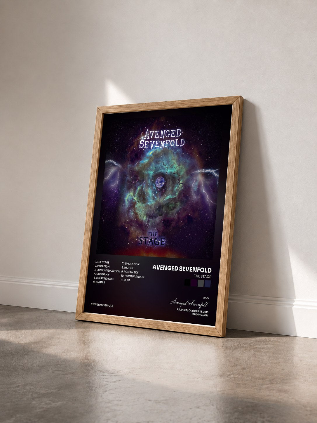 #bois Tableau de l'album The Stage de Avenged Sevenfold vu de trois quarts, cadre en bois brut