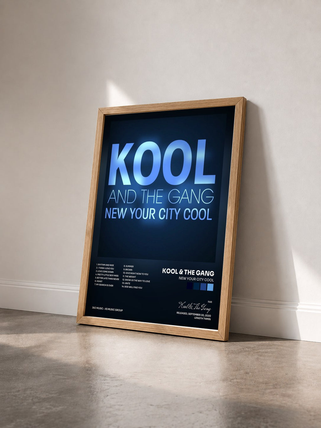 #bois Tableau de l'album New Your City Cool de Kool & The Gang vu de trois quarts, cadre en bois brut