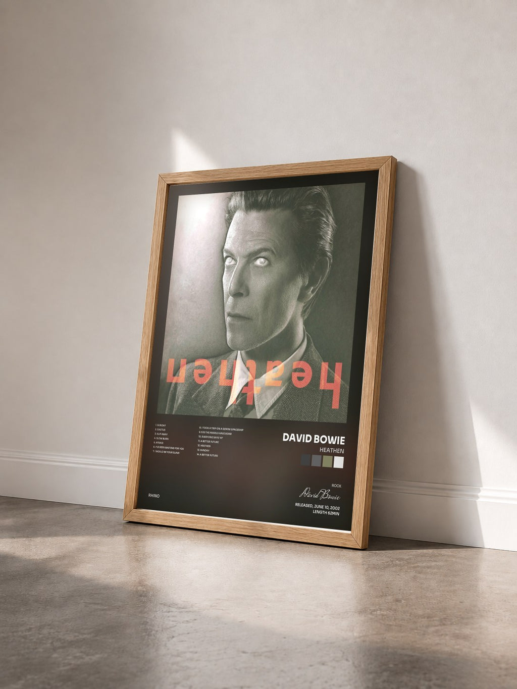 #bois Tableau de l'album Heathen de David Bowie vu de trois quarts, cadre en bois brut