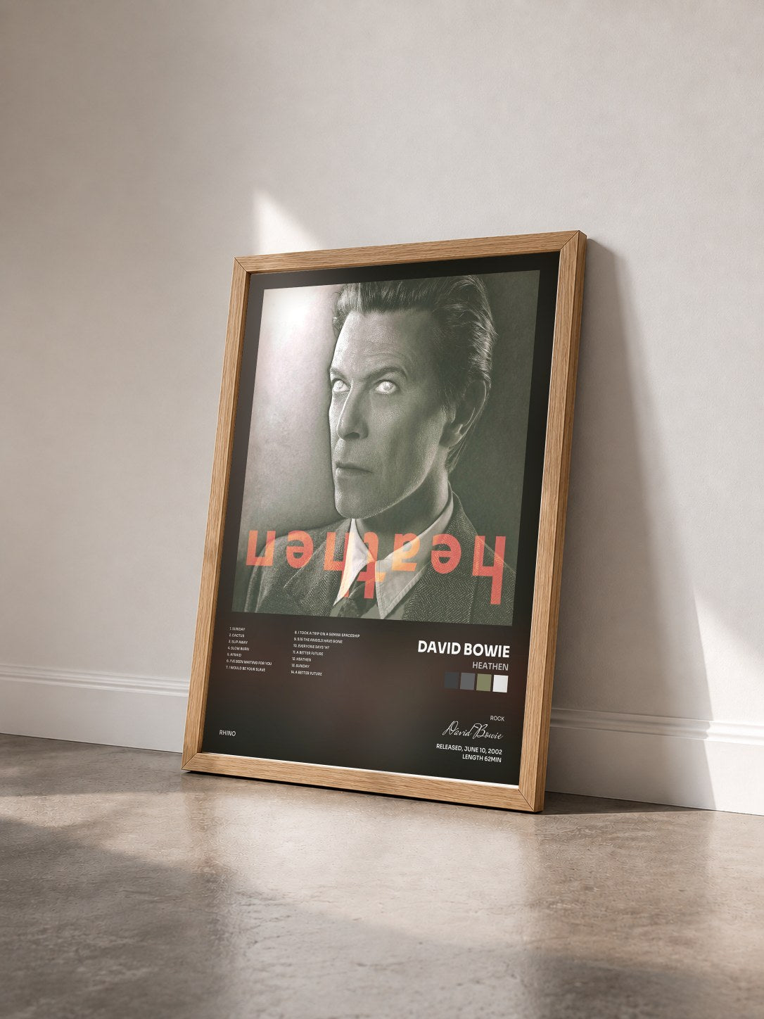 #bois Tableau de l'album Heathen de David Bowie vu de trois quarts, cadre en bois brut