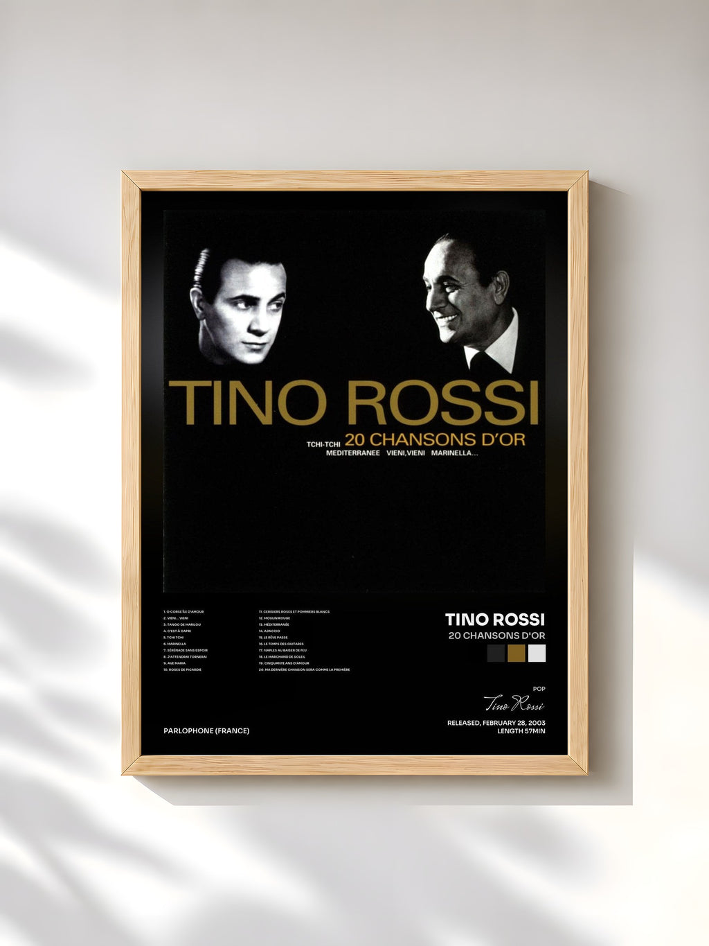#bois Tableau de l'album 20 chansons d'or de Tino Rossi, cadre en bois brut, imprimé et encadré en France